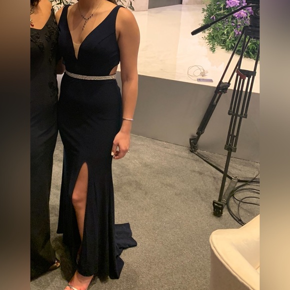 Navy Blue Bodycon Gown with gemstone detail - Picture 7 of 13